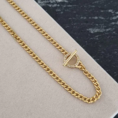 CADENA TIPO GROUMET ENCHAPADA ORO 18K CON CIERRE ESTILO TIFFANY Y CUBICS COD: 7645