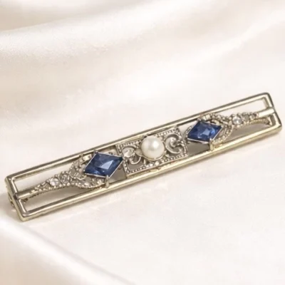 BROCHE PENDEDOR ENCHAPADO EN ORO Y ZAFIRO ART DECO ANOS 30