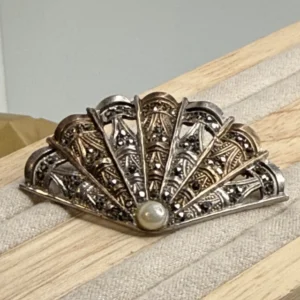 Antiguo broche abanico años 30 plata y oro