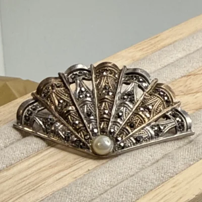 Antiguo broche abanico años 30 plata y oro