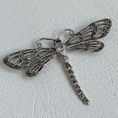 HERMOSO BROCHE PRENDEDOR LIBELULA EN PLATA 925 CON MARCASITAS