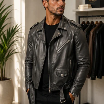 Campera E. Cuero Hombre Cruzada Solapa + Cinto FF59357 — Dominic Showroom, Bahía Blanca