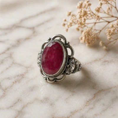ANILLO LABRADO ANTIGUO CON IMPORTANTE GRANATE — Joyería Debernardi, Bahía Blanca
